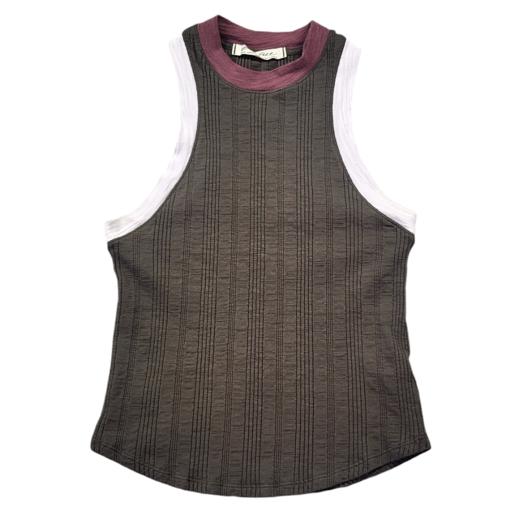 We The Free Ribbed Tank Top in Charcoal with White Sides and Mauve Neck